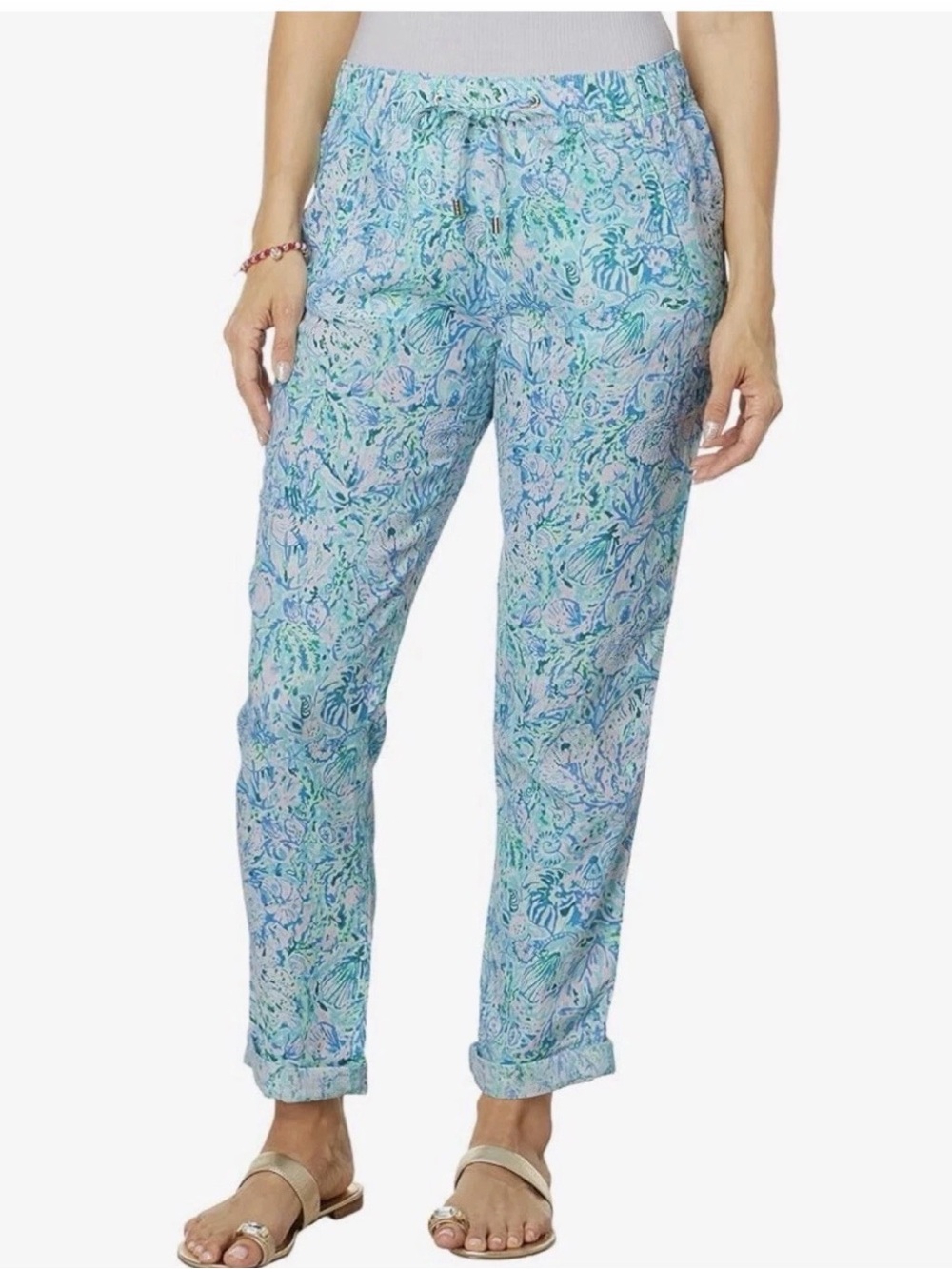 Lilly Pulitzer Taron Linen pants sz M drawstring Blue Soleil Surf seashells